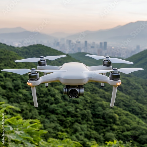 Wallpaper Mural Drone flying over lush green mountains with a city in the background. Torontodigital.ca