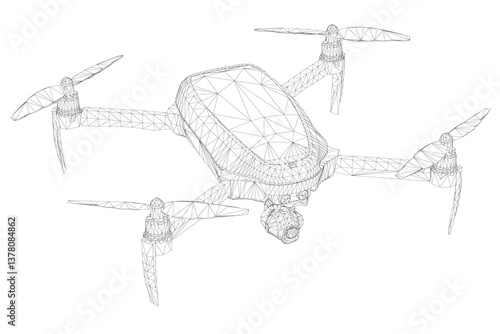 A black and white drawing of a drone with a camera on it. The drone is in the air and has four propellers