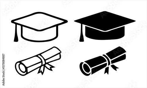 Graduation Icons Set – Academic Cap and Diploma Scroll in Monochrome Vector