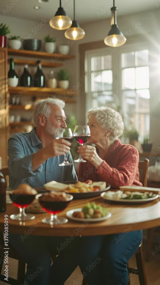 Senior Couple Enjoys Romantic Dinner with Wine and Food at Home Senior Couple Enjoys Romantic Dinner with Wine and Food at Home
