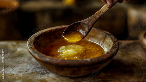 Spoon glistening with rich, golden ghee--India’s traditional clarified butter--drizzling into a rustic, earthen bowl