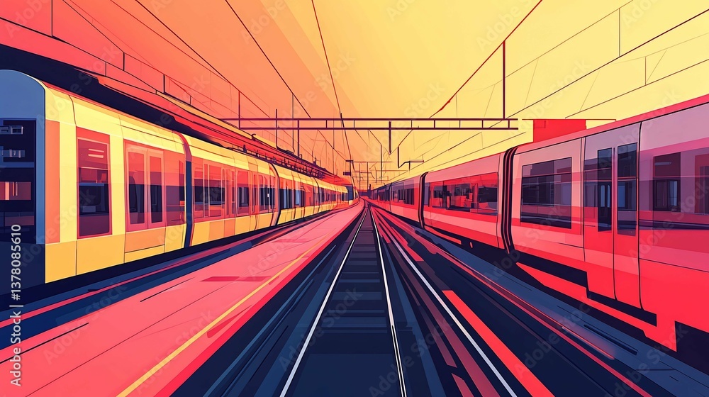 Naklejka premium Sunset City Rail Trains Converging