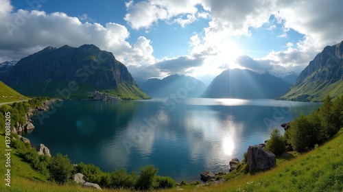 Detailed photo of a beautiful location in Norway, Europe, during mid-day with sunny conditions, shot from a panoramic angle.