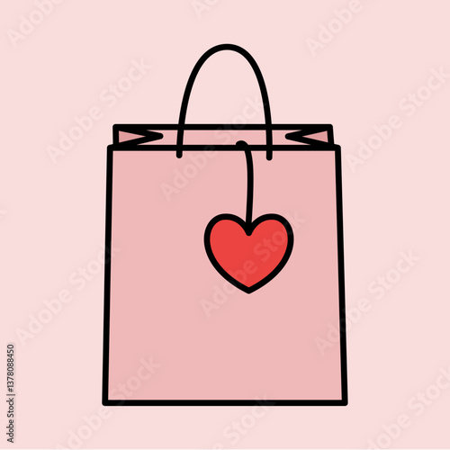 Pastel Pink Shopping Bag with Red Heart Illustration