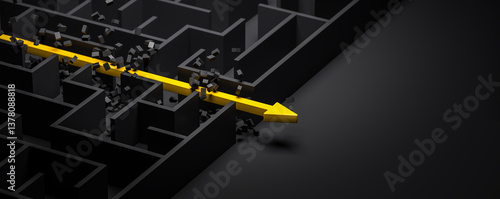 3d rendering: Concept - solving a complex problem. Brute force method: breaking through the brick wall. Black maze and floor with yellow solution path with arrow. Banner size. Cheating