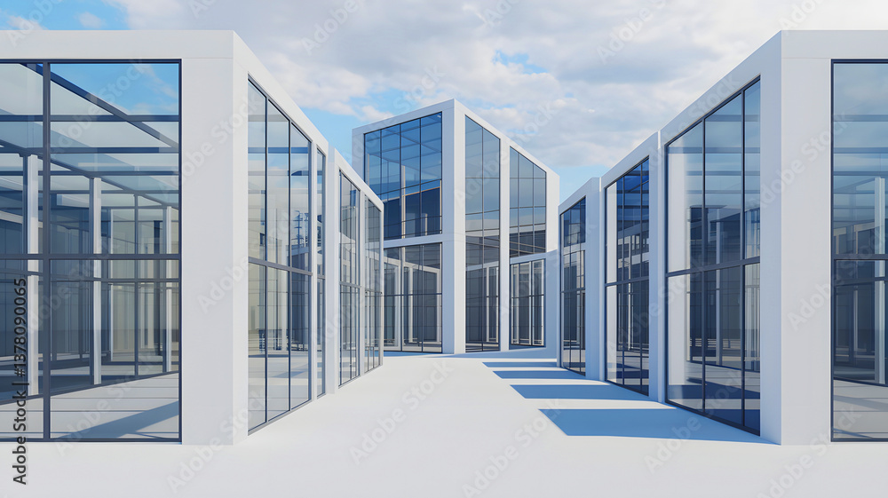 Fototapeta premium Transforming Urban Workspaces: A Seamless Integration of Sleek Minimalism and Functional Design in a Contemporary Glass-Dominated Office Complex