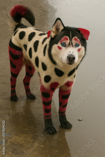 A uniquely styled dog with a spotted coat of black, red, and white fur, standing on a wet surface, showcasing its striking blue eyes.