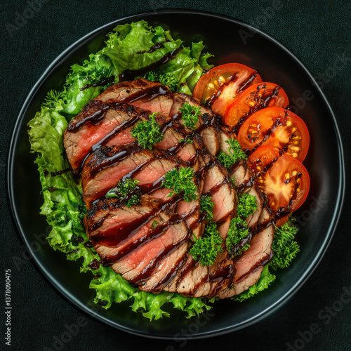 A beautifully arranged plate featuring sliced beef, fresh lettuce, and tomatoes, drizzled with sauce, creating an appealing presentation.