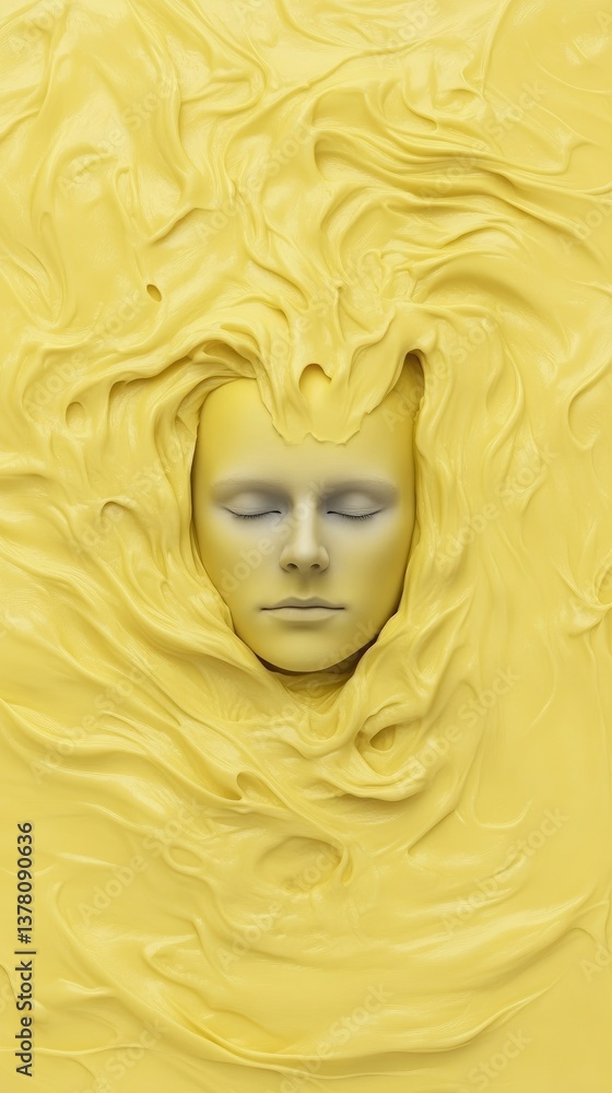 Face encased in swirling, textured yellow. Eyes are closed in serene repose Face encased in swirling, textured yellow. Eyes are closed in serene repose