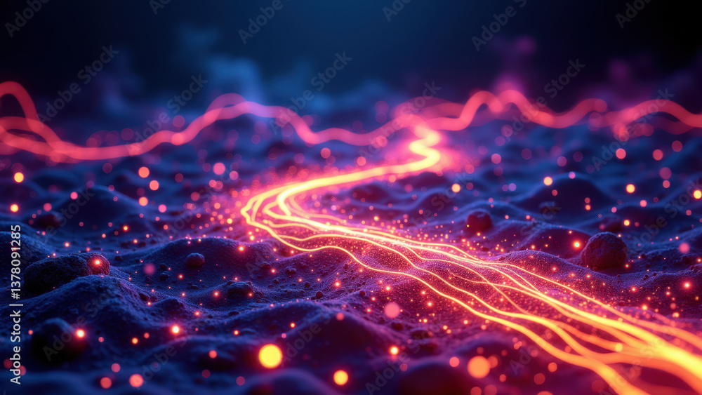 Fototapeta premium Dynamic lava flow with bright orange glow against a dark blue backdrop, resembling high-tech circuitry or futuristic energy paths.