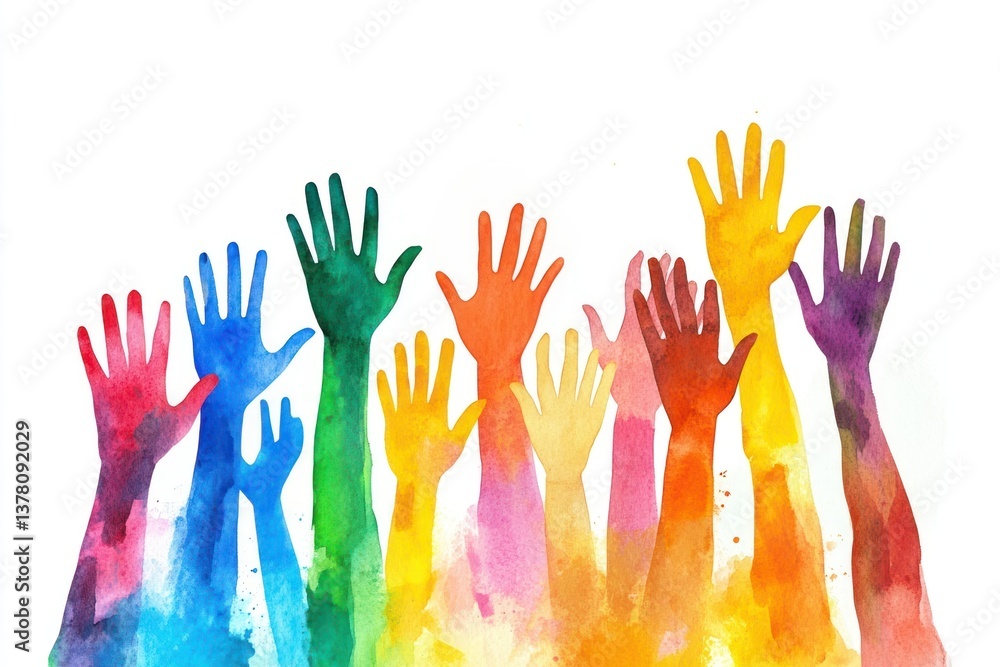 Hands raised in unity art illustration watercolor. Hands raised in unity art illustration watercolor.