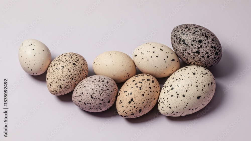 Obraz premium Speckled bird eggs arranged in a crescent shape on a light lavender background.