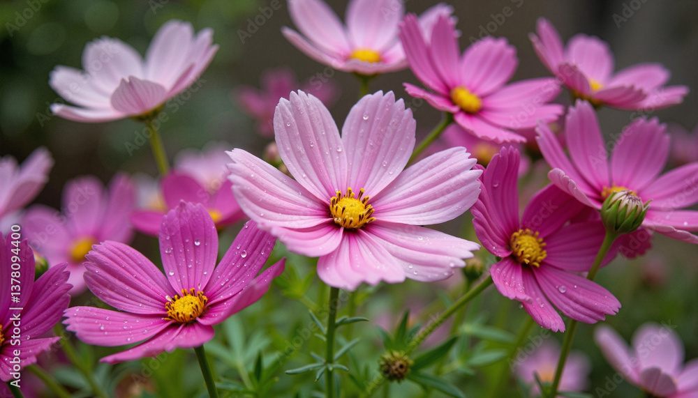 Wet cosmos flowers in a suburban garden on a rainy day, natural beauty Wet cosmos flowers in a suburban garden on a rainy day, natural beauty