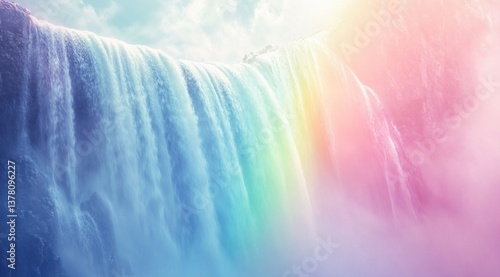 Majestic waterfall with rainbow, pastel colors.