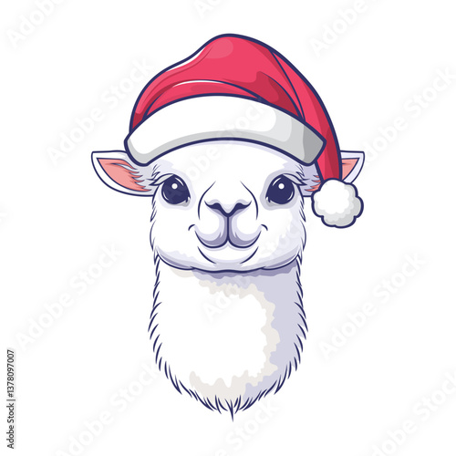 Adorable alpaca head with a Christmas Santa hat, perfect for holiday designs.