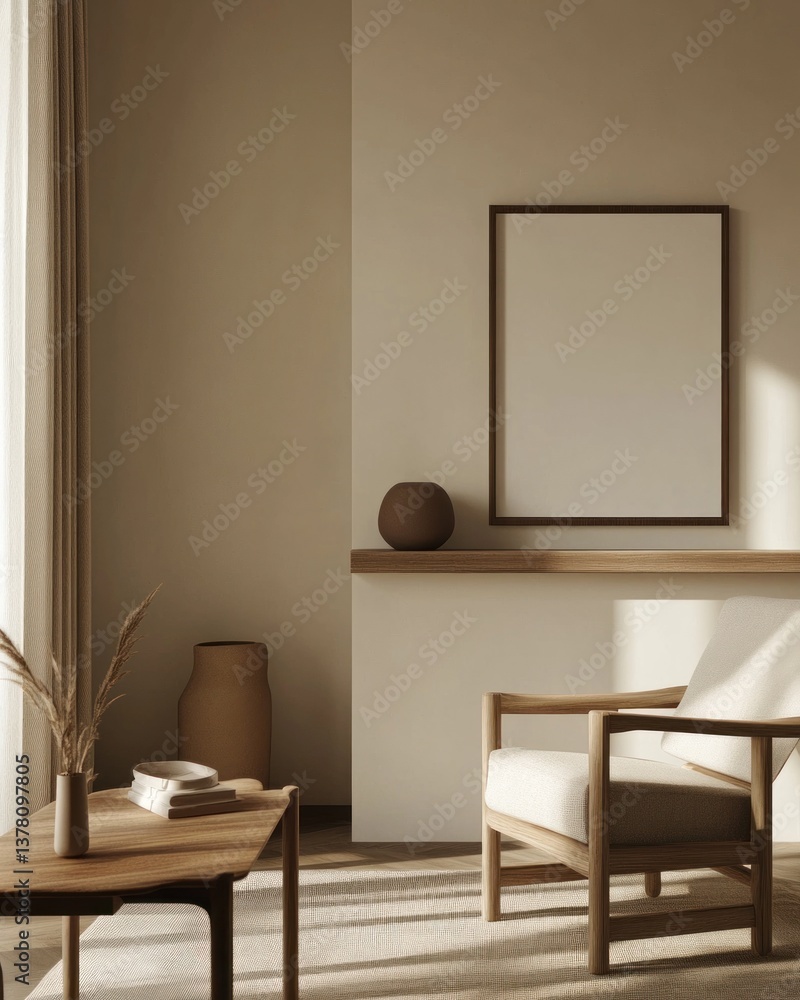 Minimalist living room interior with wooden furniture and empty frame. Minimalist living room interior with wooden furniture and empty frame.