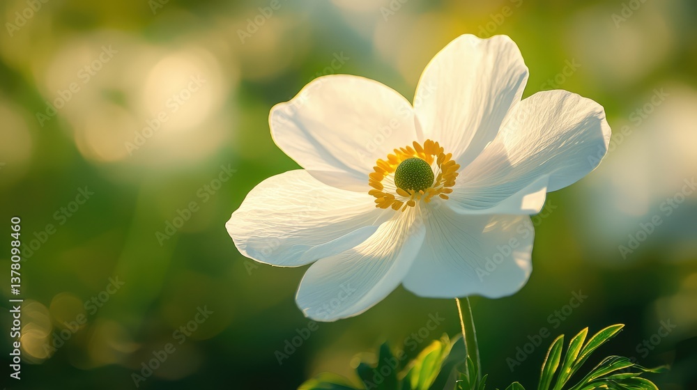 A single white anemone flower with delicate petals and a yellow center, gently swaying in the spring breeze under dappled sunlight. A single white anemone flower with delicate petals and a yellow center, gently swaying in the spring breeze under dappled sunlight.
