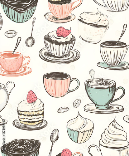 hand-drawn seamless pattern of whimsical teacups, cakes, and sugar spoons