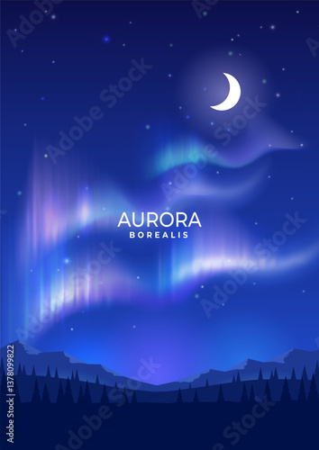 Northern lights over the mountains. Night scene, moon, and stars. Vector image.