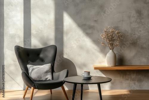 Armchair near black coffee table with wooden shelf and stucco wall. Japandi minimalist interior design. AI generated illustration.