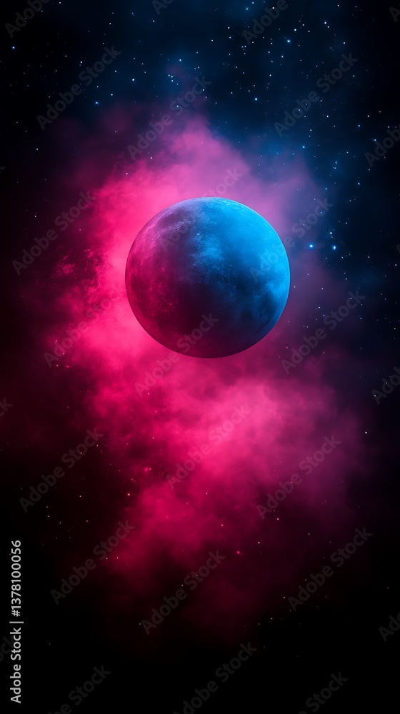 Fototapeta premium Planet in Nebula Space Scene with Pink and Blue Light Effect