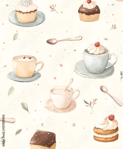 hand-drawn seamless pattern of whimsical teacups, cakes, and sugar spoons