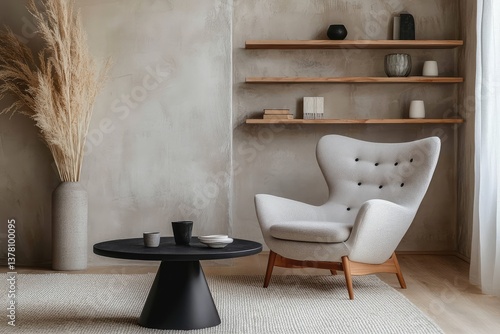 Armchair near black coffee table with wooden shelf and stucco wall. Japandi minimalist interior design. AI generated illustration.