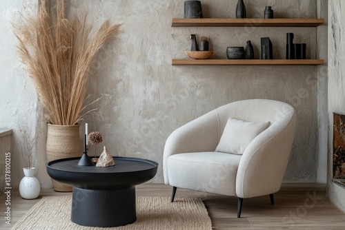 Armchair near black coffee table with wooden shelf and stucco wall. Japandi minimalist interior design. AI generated illustration.