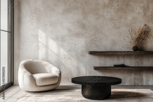Armchair near black coffee table with wooden shelf and stucco wall. Japandi minimalist interior design. AI generated illustration.