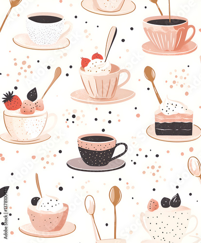 hand-drawn seamless pattern of whimsical teacups, cakes, and sugar spoons