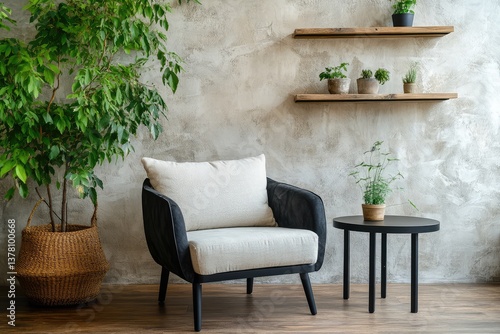 Armchair near black coffee table with wooden shelf and stucco wall. Japandi minimalist interior design. AI generated illustration.