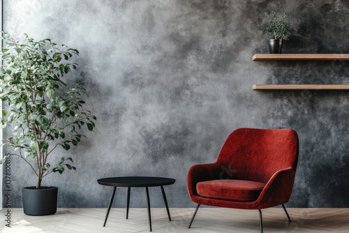 Armchair near black coffee table with wooden shelf and stucco wall. Japandi minimalist interior design. AI generated illustration.