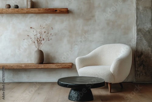 Armchair near black coffee table with wooden shelf and stucco wall. Japandi minimalist interior design. AI generated illustration.