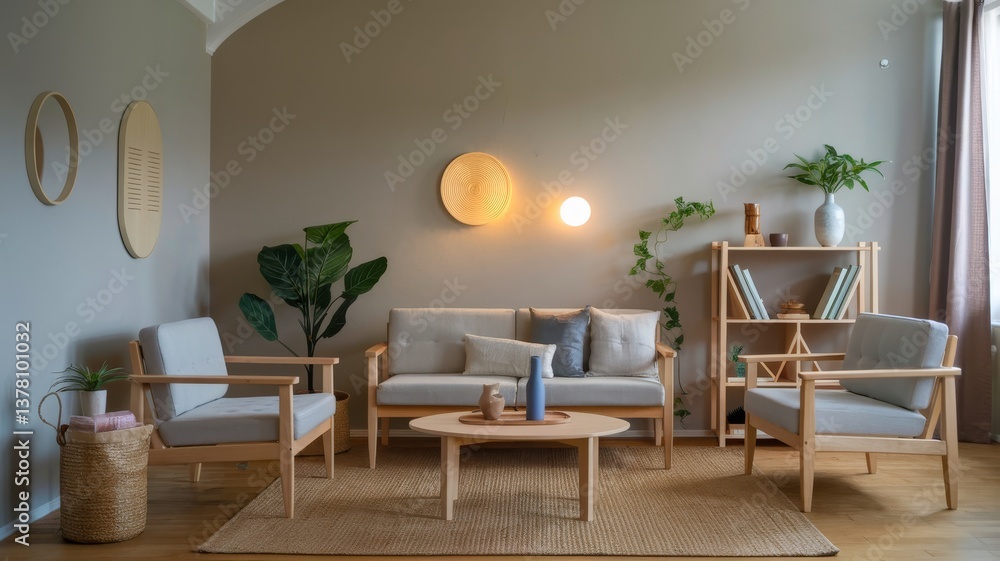 Fototapeta premium Inviting living room featuring natural wood furniture, ambient lighting, and lush plants creating a serene and modern interior space.