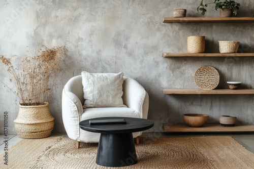 Armchair near black coffee table with wooden shelf and stucco wall. Japandi minimalist interior design. AI generated illustration.