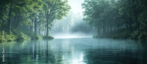 Misty morning river, forest banks, calm water, serene nature scene, peaceful wallpaper
