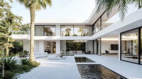 Fototapeta Naklejka Na Ścianę i Meble -  A sleek contemporary white villa with a minimalist design, large glass walls, palm trees, and a peaceful courtyard with a water feature