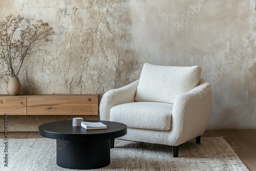 Armchair near black coffee table with wooden shelf and stucco wall. Japandi minimalist interior design. AI generated illustration.