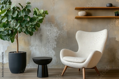 Armchair near black coffee table with wooden shelf and stucco wall. Japandi minimalist interior design. AI generated illustration.