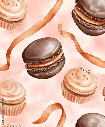 A whimsical candy-inspired pattern featuring watercolor macarons, cupcakes