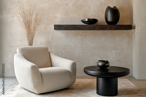 Armchair near black coffee table with wooden shelf and stucco wall. Japandi minimalist interior design. AI generated illustration.