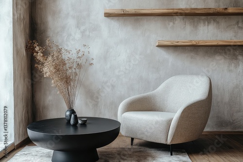 Armchair near black coffee table with wooden shelf and stucco wall. Japandi minimalist interior design. AI generated illustration.