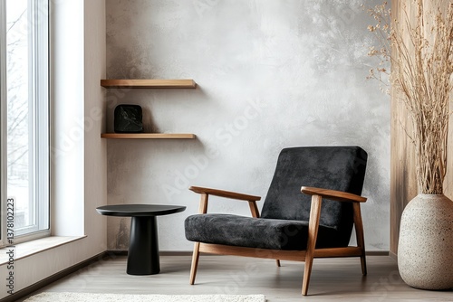 Armchair near black coffee table with wooden shelf and stucco wall. Japandi minimalist interior design. AI generated illustration.