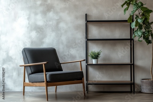 Armchair near black coffee table with wooden shelf and stucco wall. Japandi minimalist interior design. AI generated illustration.