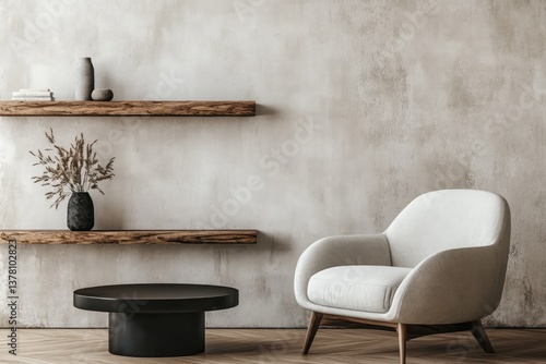 Armchair near black coffee table with wooden shelf and stucco wall. Japandi minimalist interior design. AI generated illustration.