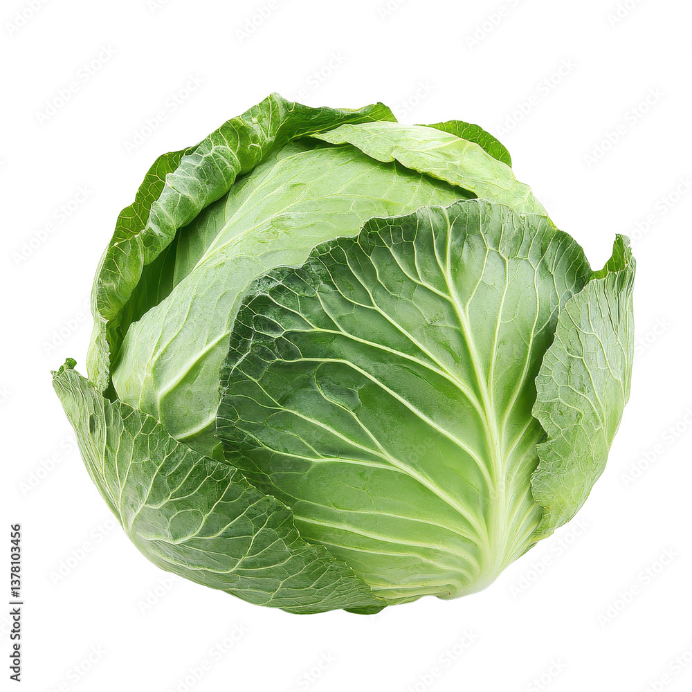 Fototapeta premium Fresh green cabbage isolated on a white background perfect for culinary and nutritional uses, cabbageisolated on white background