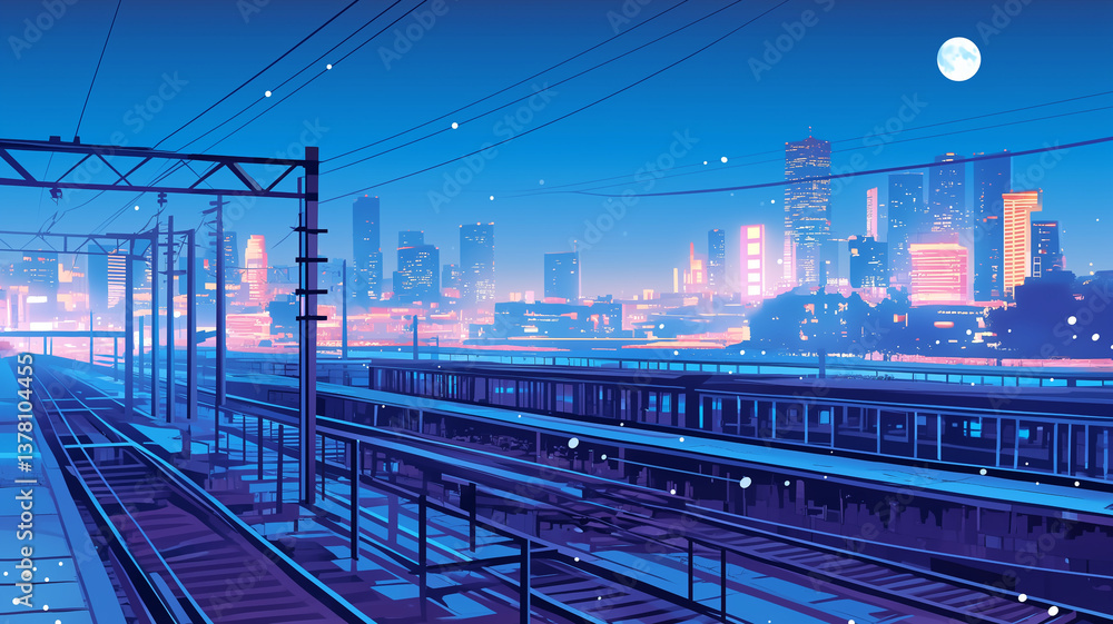 Naklejka premium 幻想的な夜の都市と鉄道風景｜レトロなアニメ背景風の高精細イラスト素材｜月夜の下に広がる線路と都市ビル群が描く切ない風景｜ブルーとネオンが印象的な夜景アート