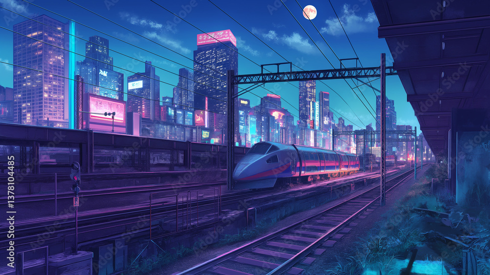 Fototapeta premium 幻想的な夜の都市と鉄道風景｜レトロなアニメ背景風の高精細イラスト素材｜月夜の下に広がる線路と都市ビル群が描く切ない風景｜ブルーとネオンが印象的な夜景アート