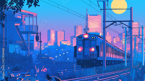 幻想的な夜の都市と鉄道風景｜レトロなアニメ背景風の高精細イラスト素材｜月夜の下に広がる線路と都市ビル群が描く切ない風景｜ブルーとネオンが印象的な夜景アート