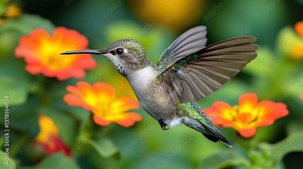Fototapeta premium Hummingbird Hovering Near Vibrant Blooms of excellence in splendor beyond compare with grace